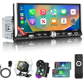 Single Din Touchscreen Car Stereo with Wireless Apple Carplay Android Auto, 6.9" HD Touch Screen Car Stereo with Bluetooth, Mirror Link, Backup Camera GPS Navigation USB/Type-C Charge AM/FM EQ SWC MP5