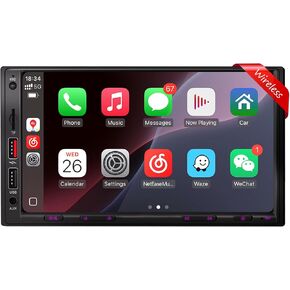 Upgraded Double Din Car Stereo with Wireless Apple CarPlay & Android Auto, 7" LCD Touchscreen, Built-in 240W DSP, FM/AM Radio, Bluetooth Hands-Free Calling & Auto Backup Camera
