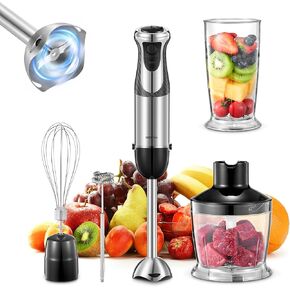 5-in-1 Hand Immersion Blender - 1000W Handheld Blender with Copper Motor, Stainless Steel Blade, Mixing Beaker, Food Processor, Whisk, Milk Frother for Smoothies, Puree, Baby Food (Gray)
