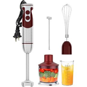 MegaWise 5-in-1 Hand Blender Set with Variable Speed Control, 400W Immersion Blender - Includes Whisk, Milk Frother, Chopper, and Beaker for Smoothies, Soups, and Baby Food (RED)
