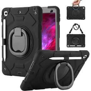 for iPad 9th/8th/7th Generation Case(2021/2020/2019),360°Rotating Handle Stand with[ Pencil Holder&Shoulder Strap] Heavy Duty Shockproof Kids Cover for iPad 10.2 inch (Black)