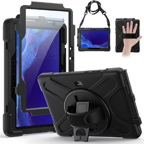 Gerutek Case for Samsung Galaxy Tab Active4 Pro 2022/Tab Active Pro 2019 10.1", Heavy Duty Shockproof Drop Protection Case with Screen Protector Pencil Holder 360° Rotating Stand Handle Strap, Black