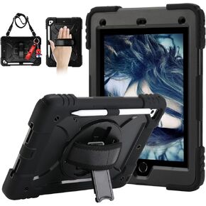 for iPad 6th Generation/iPad 5th Gen/iPad Air 2/iPad Pro 9.7" Case with Cute Key Chain, Rugged Protective Case with Rotating Stand & Shoulder Hand Strap for iPad 6th/5th/ Air 2 (Black)