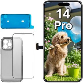 لاستبدال شاشة iPhone 14 PRO 6.1 بوصة ، شاشة LCD شاشة اللمس مجموعة أرقام شاشة مع زجاج مقسى+ملصق مقاوم للماء+، متوافق مع الطراز A2650 ، A2889 ، A2890 ، A2892 (بدون أدوات)