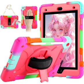 for iPad 9th/8th/7th Generation Case,iPad 10.2 Case 2021/2020/2019, with Cute Key Chain, Rugged Protective Case with 360°Rotating Stand & Shoulder Hand Strap & Pen Slot for 10.2 Inch (Black)