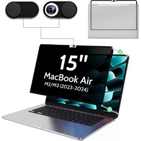 شاشة الخصوصية لـ MacBook Air 15 بوصة M2/M3/M4 (2023-2025) -A3241 A2941 A3114 مرشح مضاد للضوء الأزرق ، واقي كمبيوتر قابل للإزالة ، ومواقف الكمبيوتر الخالية من الفقاعات مع غطاء الكاميرا