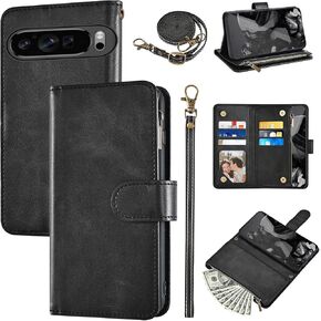 Wallet Case for Google Pixel 9 Pro XL with Wrist Strap Shoulder Strap PU Leather Cowhide Pattern Flip 6+ Card Holder Stand Cash Pocket Phone Cover for Pixel9 9Pro 9ProXL Nine Women Men Red