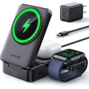 LAMICALL 3 في محطة شحن واحدة لـ Apple - Stand Foldable Fareless Charger Stand for Magsafe Portable ، محطة شاحن لاسلكية السفر لأجهزة متعددة لـ iPhone 16 ، 15 ، 14 ، 13 ، Apple Watch ، AirPods
