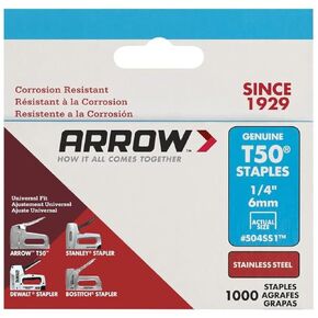 Arrow Fastener 504SS1 Heavy Duty T50 Stainless Steel Staples for Upholstery, Construction, Furniture, Crafts, 1/4-Inch Leg Length, 3/8-Inch Crown Size,1000-Pack