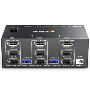 Triple Monitor KVM Switch 3 Monitors 2 Computers 8K@60Hz 4K@144Hz,MLEEDA HDMI+2 Displayport KVM Switch Triple Monitor for 2 Computers Share 3 Monitors and 4 USB3.0 Device,with Wired Remote,USB Cable