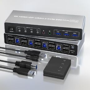 KVM Switch 4 Computers 2 Monitors Displayport and HDMI 4K@60Hz, USB 3.0 4 Port Dual Monitors KVM Switch with Audio Microphone Output and 3 USB 3.0 Ports, 4 in 2 Out Monitor Switch for 4 PCs
