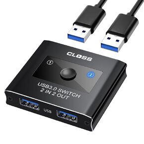USB 3.0 Switch 2 in 2 Out, USB Switcher for 2 Computers, Share Keyboard, Mouse, Printer, Scanner, KVM Switch Selector, Compatible with Windows, Mac, Linux, Includes 2 USB-A 3.0 Cables