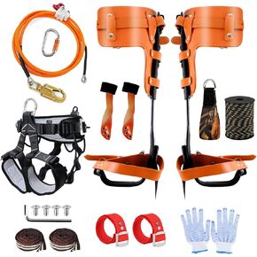 11 in 1 Tree Climbing Spikes Kit, Tree Climbing Gear with Adjustable Climbing Belt & Steel Core Flip Line, Cowhide Arborist Tree Climbing Equipment with Triple Lock Lanyard Adjuster & Tools Rope