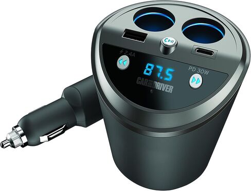 حامل كأس Smart Smart FM Smart FM مع Alexa و Google و Siri Assistant للسيارة مع موانئ مزدوجة USB A و USB-C PD Ports Fast Charging و Dual Scarette Sockets 12V in Kuwait