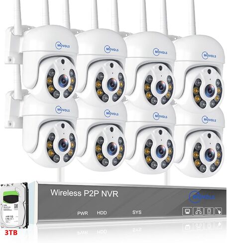 MOVOLS 2.5K 10CH Wireless PTZ Security Camera System,8 x 5MP WiFi Auto Track Camera Outdoor,Color Night Vision,5X Digital Zoom,AI Pet Human Vehicle Detection,Light & Siren Alarm,2TB HDD, 24/7 Record in Kuwait