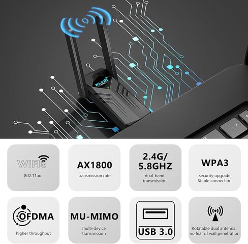 WiFi Adapter for Desktop PC, WiFi 6 AX1800 Mbps Long-Range Wide-Coverage Dual-Band 5G/2.4G USB WiFi Adapter Built-in Driver for PC Laptop Desktop Supports Windows 11/10/ 7 (Black) in Saudi Arabia