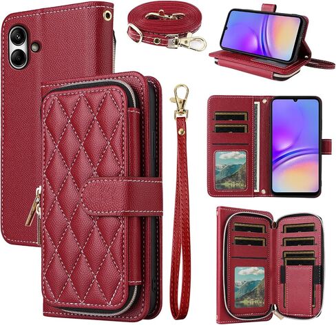 Argyle Wallet Case for Samsung Galaxy A05 with Wrist Strap Shoulder Strap, Zipper Purse PU Leather Flip Credit Card Holder Stand Accessories Cell Phone Cover for Ao5 A 05 Women Girls White in Saudi Arabia