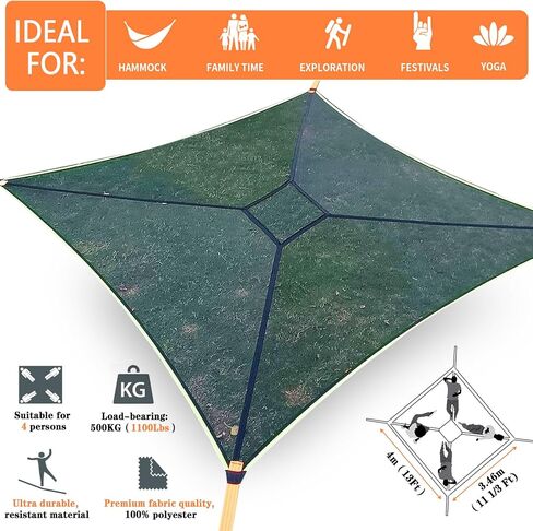 Generic Camping Hammock, 13ft Square Hammock Max 660 Lbs for 4-5 Adults Kids, Multi Person Tree Hammock with 4 Ratchet Tie Down Straps & Net Pocket, Portable Outdoor Travel(157in/400cm) in Saudi Arabia
