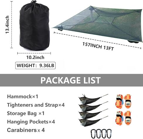Generic Camping Hammock, 13ft Square Hammock Max 660 Lbs for 4-5 Adults Kids, Multi Person Tree Hammock with 4 Ratchet Tie Down Straps & Net Pocket, Portable Outdoor Travel(157in/400cm) in Saudi Arabia