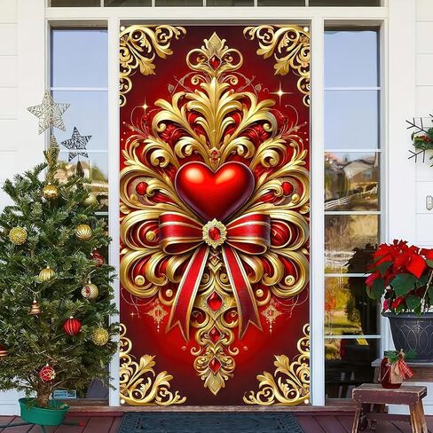 Valentine's Day Door Cover 71x35 Inch Cat Valentine's Day Door Cover Decorations Backdrop Valentines Front Door Hanging Banner Photography Background for Valentine's Day Wedding Anniversary in Kuwait
