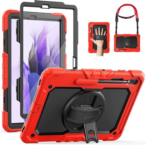 SEYMAC for Samsung Galaxy Tab S7 FE/Tab S8 Plus/ S7 Plus Case 12.4'', Heavy Duty Full-Body Shockproof Protective Case with Screen Protector, Rotating Stand, Hand/Shoulder Strap and Pen Holder, Black in Saudi Arabia