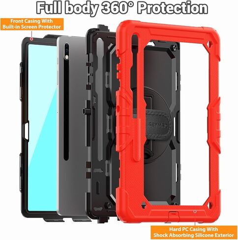SEYMAC for Samsung Galaxy Tab S7 FE/Tab S8 Plus/ S7 Plus Case 12.4'', Heavy Duty Full-Body Shockproof Protective Case with Screen Protector, Rotating Stand, Hand/Shoulder Strap and Pen Holder, Black in Saudi Arabia