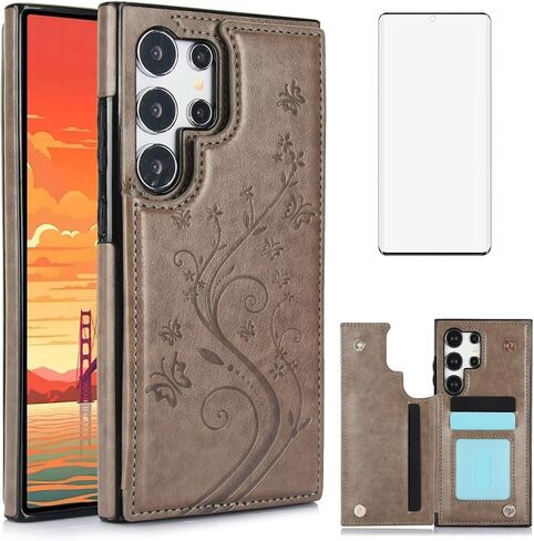 Phone Case for Samsung Galaxy S24 Ultra 5G with Tempered Glass Screen Protector Card Holder Wallet Cover Stand Flip Leather Cell Accessories S24Ultra 24S S 24 24Ultra 2024, 6.8 inch Women Men Blue in Saudi Arabia