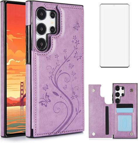 Phone Case for Samsung Galaxy S24 Ultra 5G with Tempered Glass Screen Protector Card Holder Wallet Cover Stand Flip Leather Cell Accessories S24Ultra 24S S 24 24Ultra 2024, 6.8 inch Women Men Blue in Saudi Arabia