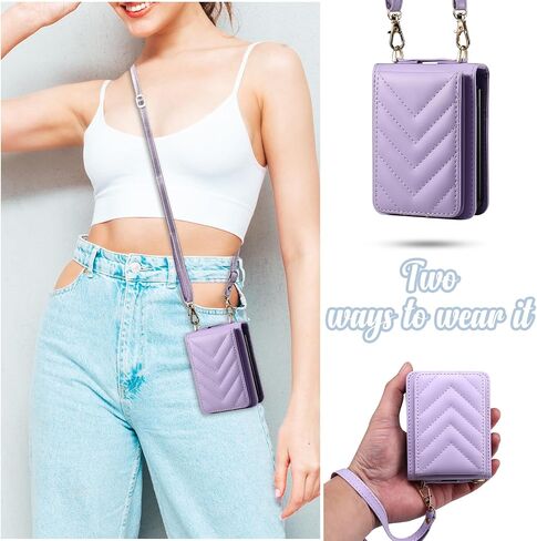 Compatible with Samsung Galaxy Z Flip 4 5G 2022 Wallet Case and Crossbody Wrist Strap Lanyard Credit Card Holder Stand Luxury Leather Slim ZFlip4 Z4 Flip4 4Z Phone Cover for Women Men Brown in Saudi Arabia