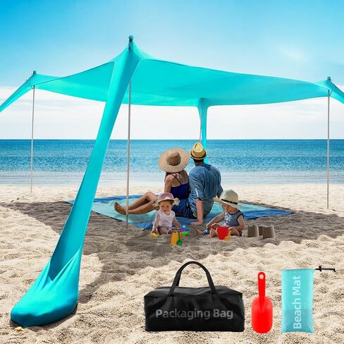 Beach Tent Sun Shelter UPF50+, 10x10 FT Family Beach Shade Canopy with 4 Aluminum Poles, Beach Blanket, Carrying Bag and Sand Shovel, Outdoor Pop Up Tent for Beach Camping Trips in Saudi Arabia