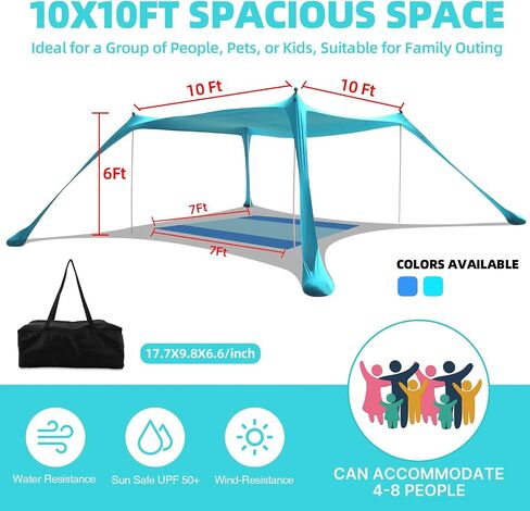Beach Tent Sun Shelter UPF50+, 10x10 FT Family Beach Shade Canopy with 4 Aluminum Poles, Beach Blanket, Carrying Bag and Sand Shovel, Outdoor Pop Up Tent for Beach Camping Trips in Saudi Arabia