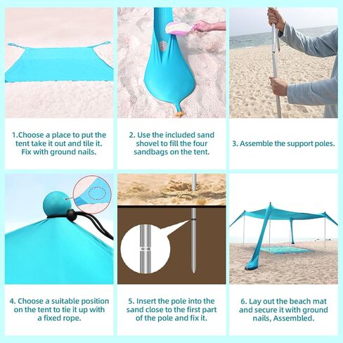 Beach Tent Sun Shelter UPF50+, 10x10 FT Family Beach Shade Canopy with 4 Aluminum Poles, Beach Blanket, Carrying Bag and Sand Shovel, Outdoor Pop Up Tent for Beach Camping Trips in Saudi Arabia