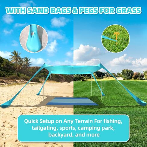 Beach Tent Sun Shelter UPF50+, 10x10 FT Family Beach Shade Canopy with 4 Aluminum Poles, Beach Blanket, Carrying Bag and Sand Shovel, Outdoor Pop Up Tent for Beach Camping Trips in Saudi Arabia