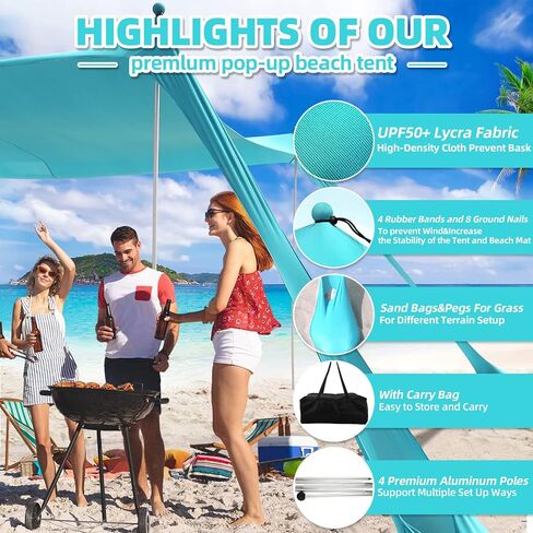 Beach Tent Sun Shelter UPF50+, 10x10 FT Family Beach Shade Canopy with 4 Aluminum Poles, Beach Blanket, Carrying Bag and Sand Shovel, Outdoor Pop Up Tent for Beach Camping Trips in Saudi Arabia