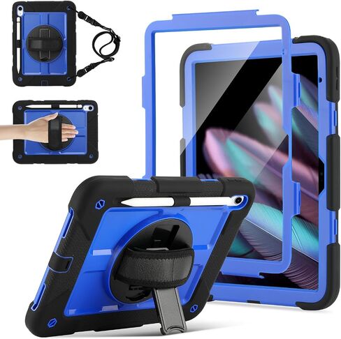 بالنسبة لـ iPad (A16) Case11 'Case11' (2025)/حالة الجيل العاشر 10.9 '' (2022) ، 360 درجة مع [حامي الشاشة وحزام قلم رصاص وحزام الكتف] علبة مقاومة للصدمات (أسود+أزرق) in Kuwait