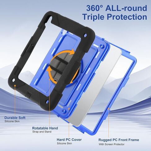 بالنسبة لـ iPad (A16) Case11 'Case11' (2025)/حالة الجيل العاشر 10.9 '' (2022) ، 360 درجة مع [حامي الشاشة وحزام قلم رصاص وحزام الكتف] علبة مقاومة للصدمات (أسود+أزرق) in Kuwait