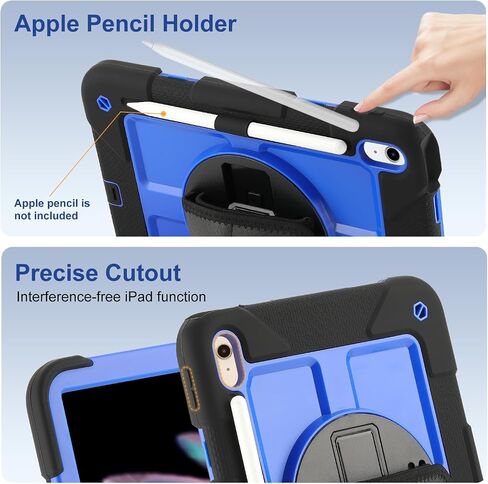 بالنسبة لـ iPad (A16) Case11 'Case11' (2025)/حالة الجيل العاشر 10.9 '' (2022) ، 360 درجة مع [حامي الشاشة وحزام قلم رصاص وحزام الكتف] علبة مقاومة للصدمات (أسود+أزرق) in Kuwait