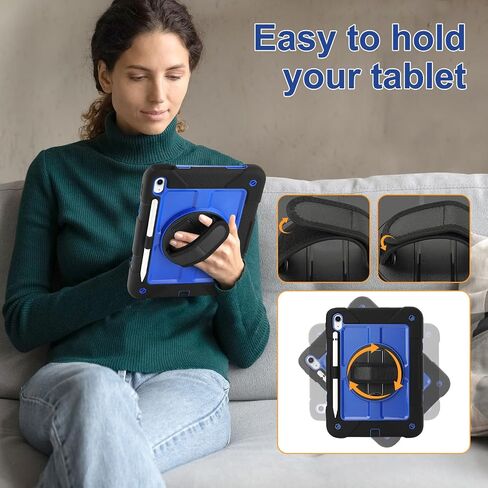بالنسبة لـ iPad (A16) Case11 'Case11' (2025)/حالة الجيل العاشر 10.9 '' (2022) ، 360 درجة مع [حامي الشاشة وحزام قلم رصاص وحزام الكتف] علبة مقاومة للصدمات (أسود+أزرق) in Kuwait