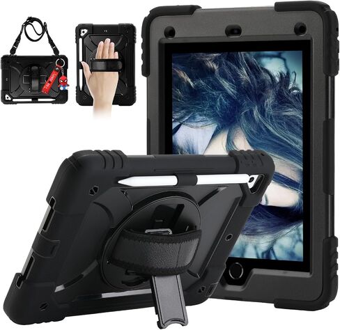 لجيل iPad السادس/iPad 5th Gen/iPad Air 2/iPad Pro 9.7 "مع سلسلة مفاتيح لطيفة ، حالة وقائية وعرة مع حزام اليد الدوار والكتف ل iPad 6th/5th/Air 2 (أسود) in Kuwait
