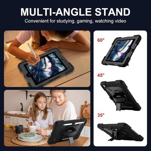 لجيل iPad السادس/iPad 5th Gen/iPad Air 2/iPad Pro 9.7 "مع سلسلة مفاتيح لطيفة ، حالة وقائية وعرة مع حزام اليد الدوار والكتف ل iPad 6th/5th/Air 2 (أسود) in Kuwait