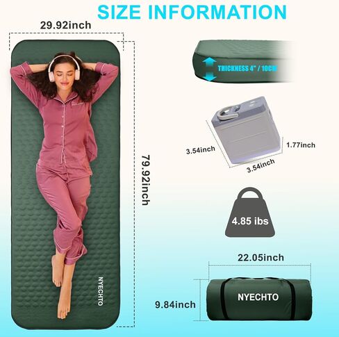 Self Inflating Sleeping Pad with Electric Pump, 4" Thick Ultralight Memory Foam Camping Mattress, Telescopic & Compact, Fast Inflate Insulated Camping Air Mats for Car Travel/Tent/Cot,Green in Saudi Arabia