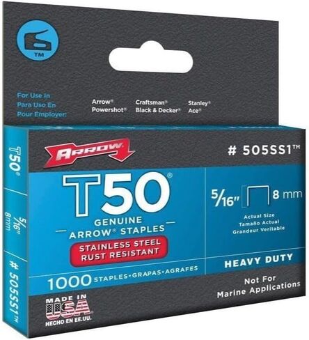 Arrow Fastener 504SS1 Heavy Duty T50 Stainless Steel Staples for Upholstery, Construction, Furniture, Crafts, 1/4-Inch Leg Length, 3/8-Inch Crown Size,1000-Pack in Saudi Arabia