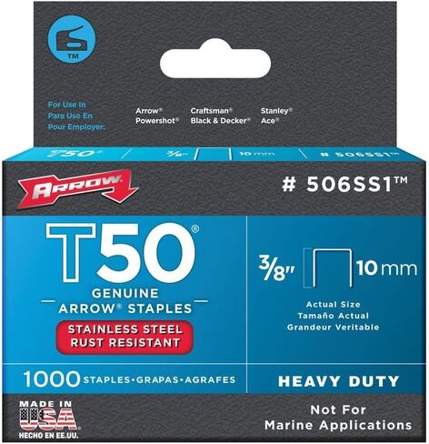 Arrow Fastener 504SS1 Heavy Duty T50 Stainless Steel Staples for Upholstery, Construction, Furniture, Crafts, 1/4-Inch Leg Length, 3/8-Inch Crown Size,1000-Pack in Saudi Arabia