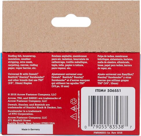 Arrow Fastener 504SS1 Heavy Duty T50 Stainless Steel Staples for Upholstery, Construction, Furniture, Crafts, 1/4-Inch Leg Length, 3/8-Inch Crown Size,1000-Pack in Saudi Arabia