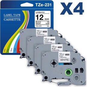 TZe-231 TZe Tape 12mm 0.47 Laminated White Label Relpacement for Brother Label Maker Tape P-Touch Label Tape Compatible with PT-D210 PT-H110 PT-D220 PT-D400 D410 D600 (4 Pack)