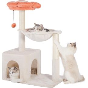 Small Cat Tree Cute Cat Tower 36" Flower Cat Scratching Post with Large Cat Hammock Dia 15.7" and Flower Cat Perch Spacious Cat Condo for Indoor Cats-Pink