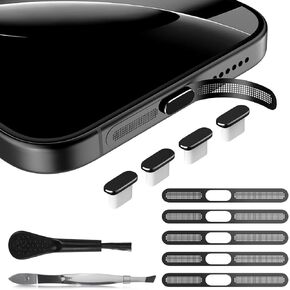 USB C Dust Plug, 5PCS Type C Charging Port Cover Cap with 5PCS Phone Speaker Protector for iPhone 16 15 Pro/Max, iPhone 16e, Earpiece Speaker Mesh Adhesive Stickers with Cleaning Brush & Tweezer