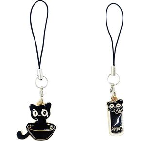 2pcs زوجين غير النمطين أسود كات سحر سحر سحر سلسلة مفاتيح اللطيف سحر الهاتف لطيف و kawaii سحر الهاتف