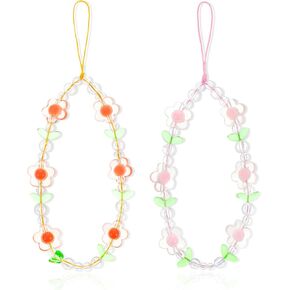 2 PCS Mobile Phone Charms Strap, Cute Beaded Wrist Strap Universal Handmade Small Flower Cell Phone Case Charm Keychain Charm Lanyard for Camera Keychain Wallet Pendant Accessories