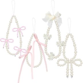 4 Pcs Pink Bow Cute Phone Charms, Pearl Beaded Strap Lanyard, Aesthetic Y2k Cell Keychain, Chain for Girls Women